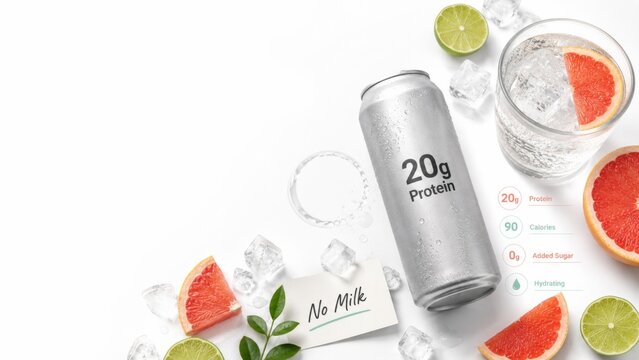 Summer protein drink can with citrus and ice, refreshing beverage background