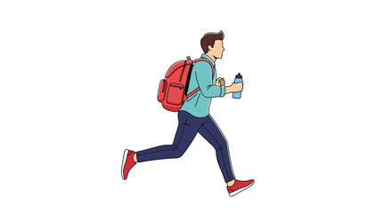 Fototapeta premium Man in blue shirt running with a red backpack and holding a water bottle isolated on a white background for hiking theme.