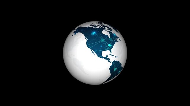 Global network connection animation with glowing dots and lines on rotating world globe black background