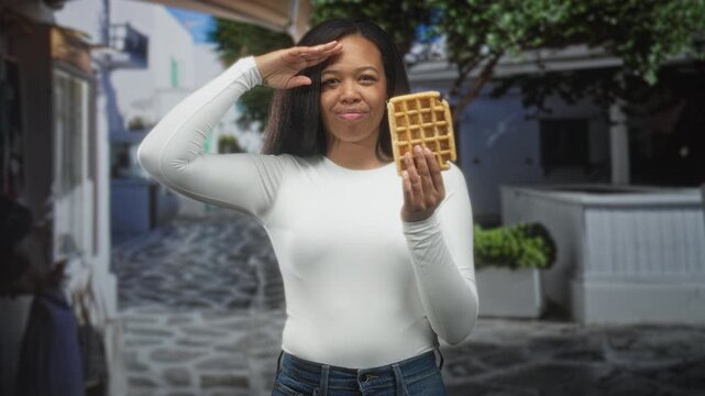 Young african american woman holds square waffle and salutes with bare right hand on sunlit cobblestone street; breakfast whimsy playful.