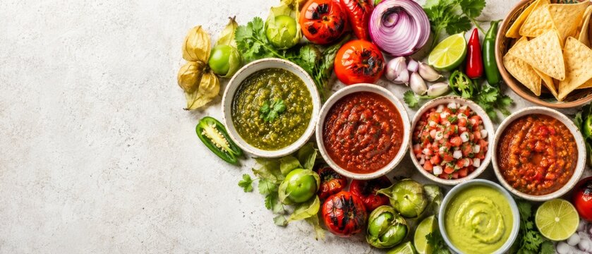 Latin Heritage celebration with fresh salsas and ingredients on rustic table background