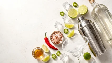 Spicy hot margarita ingredients with tequila, jalapeño, and lime on white background © dvoevnore