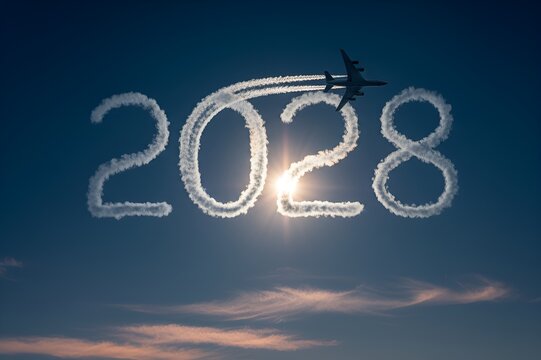 Skywriting shows the number 2028 with airplane trails under a bright sun in the blue sky during the day