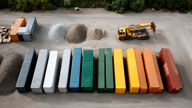 Color coded logistics drone shot of container yard with stacked freight box, gravel pile, yellow loader, industrial storage area