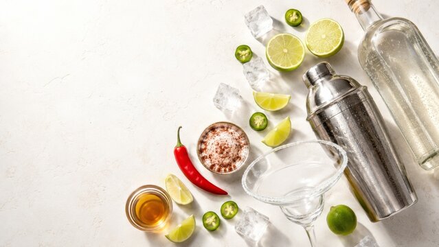 Spicy hot margarita ingredients with tequila, jalape&ntilde;o, and lime on white background