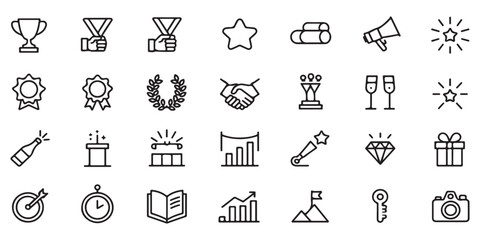 Fototapeta premium Set of achievement and business success line icons for marketing strategy and goal attainment concept on white background in vector.