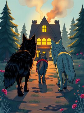 Whimsical illustration of three wolves walking towards a smoke-filled house, dwelling, whimsy