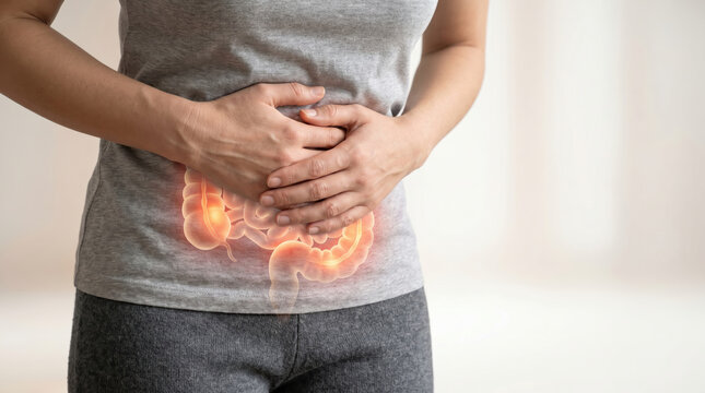 Person holding stomach with highlighted digestive system showing inflammation representing inflammatory bowel disease ibd pain and discomfort