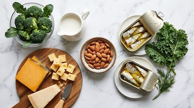 Selection of high calcium foods on a white marble background