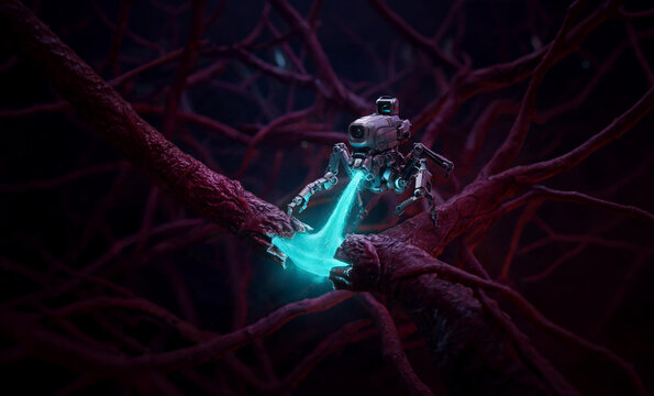 Medical nanorobot repairing blood vessels with laser beam inside human body, nanotechnology and futuristic targeted therapy concept