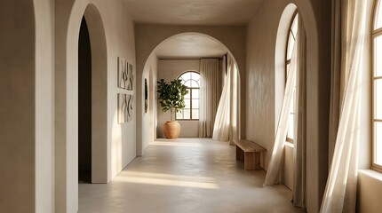 Fototapeta premium Minimalist interior hallway with elegant arched doorways and sunlit windows featuring soft neutral tones and Mediterranean aesthetic
