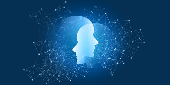 Futuristic vector illustration of two glowing white humanoid robot head silhouettes facing each other, surrounded by interconnected low-poly mesh nodes. Ideal for AI communication, network concepts.