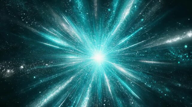 Bright explosion of teal-blue particles radiating in space-like environment
