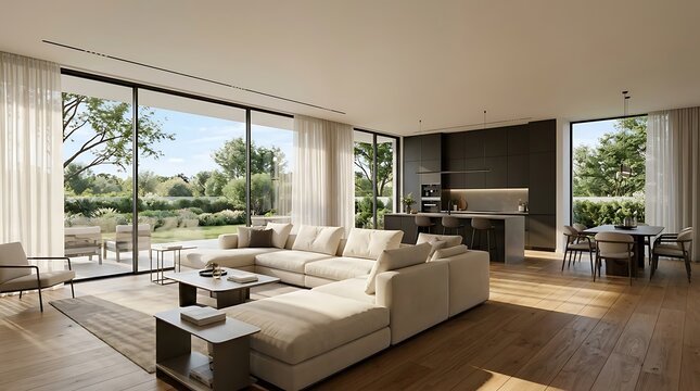 Modern open plan interior featuring luxury living room, contemporary kitchen, and dining area with floor-to-ceiling windows overlooking a garden