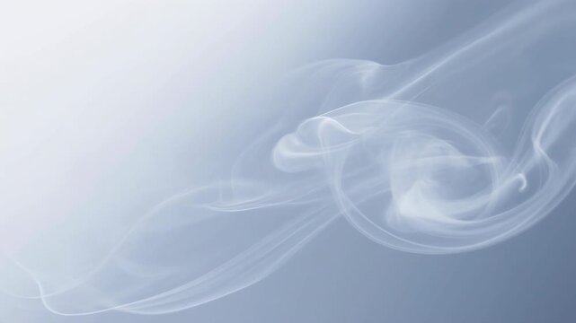 Cool blue gray smoke forming swirling ribbons across pale gradient backdrop with diagonal sweep and soft layered curls, creating calm atmospheric space for abstract design