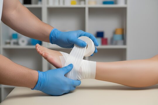 Medic wrapping white bandage around patient ankle in medical center, professional first aid treatment session