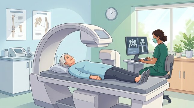 Senior woman undergoing bone density scan in medical clinic