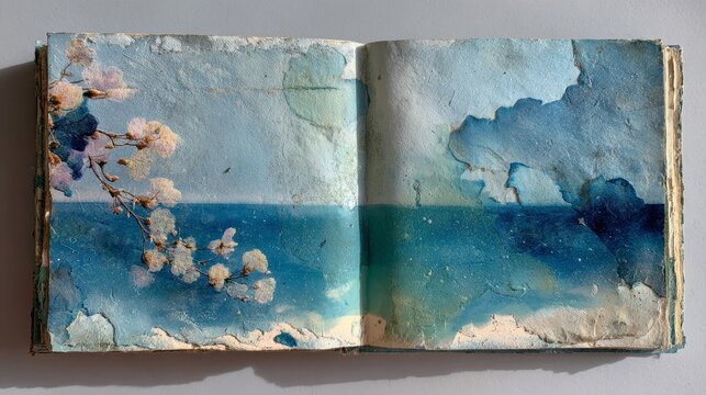 Art journal with soft gel prints, water bloom effects, gentle mark-making and layered textures in dusty sky blue, muted teal, periwinkle and deep navy tones