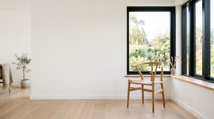 Fototapeta premium Empty wall mockup in modern minimalist living room with wooden chair