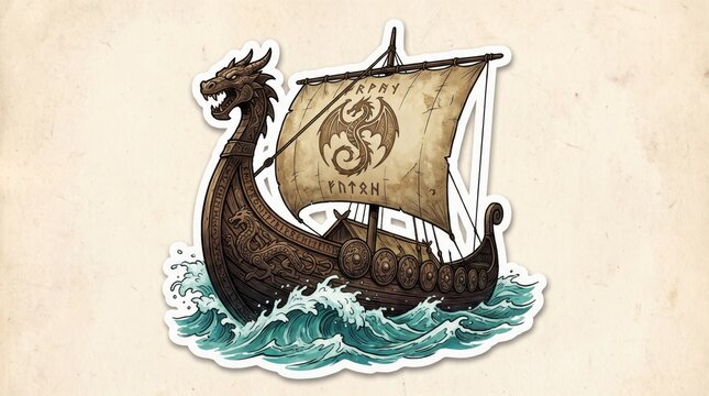 Viking ship sailing on waves, dragon head bow