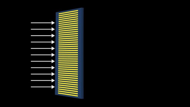 Isometric vector animation of light rays hitting a diffraction grating, Minimalist 3D physics diagram showing sequential rainbow spectrum projection on screen, educational science motion graphic layou