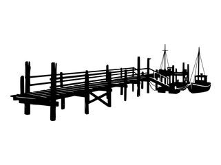 Obraz premium black silhouette of wooden pier and fishing boats at the dock