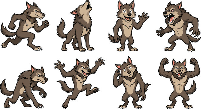 Cartoon Werewolf Character Collection with Multiple Poses Expressions and Actions for Game Mascot Sticker and Vector Design