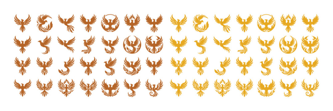 Majestic Phoenix Bird Vector Icons, a collection of 40 stylized mythical firebird symbols in golden and bronze hues, ideal for branding, gaming, and fantasy designs