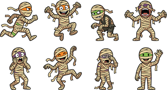 Cute Halloween Mummy Character Mascot Set with Funny Cartoon Expressions and Action Poses Vector Illustration Collection