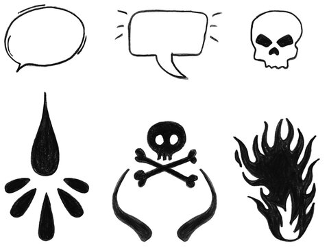 Big collection of hand-drawn tattoo-style and magic doodles including stars, angel wings, lightning, diamond, skull, flame, sunburst, and floral leaves isolated on a white background.