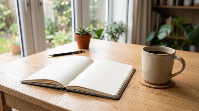 Open blank notebook with a coffee mug on a wooden desk near a window