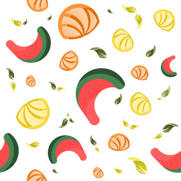 Seamless Tropical Fruit Pattern with Orange, Lemon, Banana and Watermelon Slices