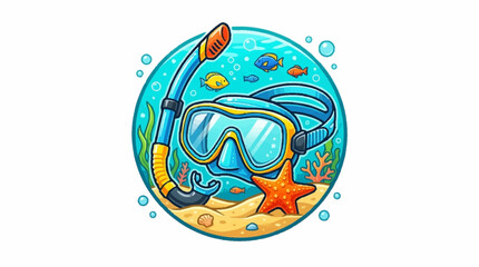 Fototapeta premium Snorkeling mask and tube float on water with starfish and marine life below