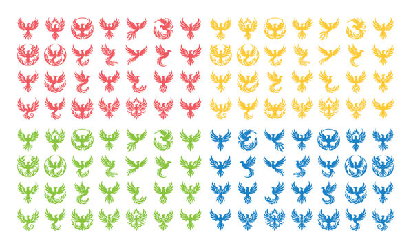 Phoenix bird vector icon set, mythical firebird logo collection, abstract fantasy creature symbols, vibrant red, yellow, green, and blue graphic resources for branding and design projects.