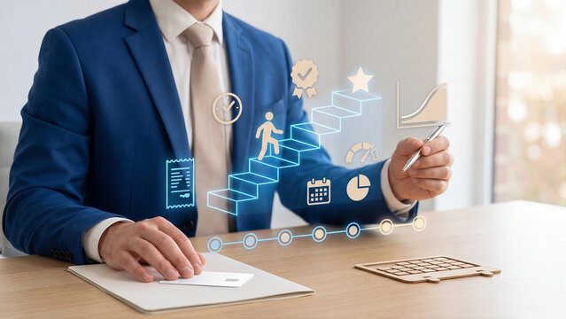 Businessman with pen at a desk pointing to a glowing staircase with a climbing figure, star, calendar, charts and milestone timeline as a step by step business growth plan concept