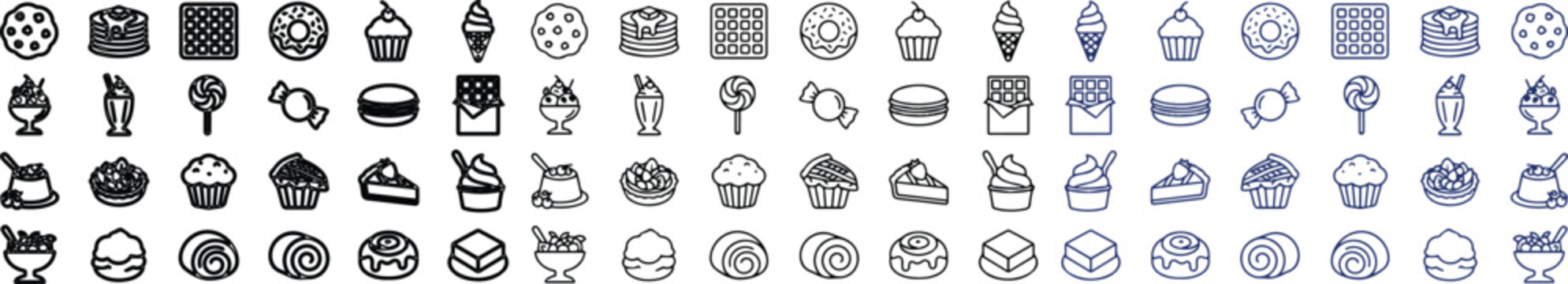 Sweet Food and Dessert Line Icons Set. Delicious Bakery and Confectionery Vector Collection for Menus, Apps, and Websites. Modern Outline Style.