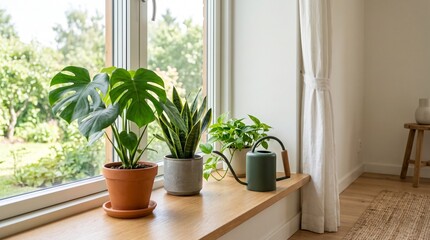 Fototapeta premium Potted houseplants and watering can on a sunny wooden window sill