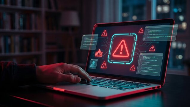 Hand on a laptop keyboard at night with a glowing red warning triangle, code windows, firewall and circuit icons on screen as a cyber attack and system breach alert concept