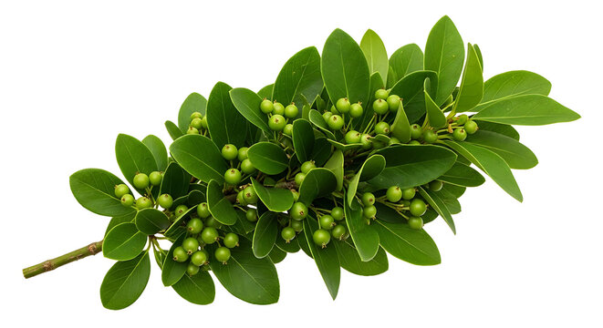 Fresh green privet branch with berries isolated on white background