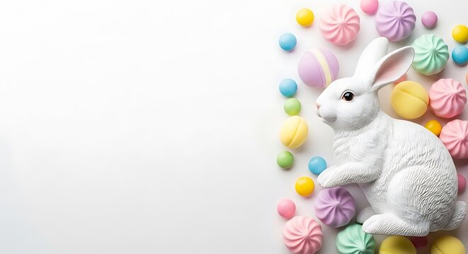 White bunny statue with pastel-colored candies on a white background, Easter theme