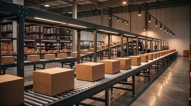 Automated roller conveyor belt with cardboard parcel boxes inside modern logistics warehouse.