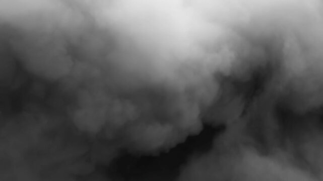 Dense monochrome smoke plumes rising, expanding, and spreading across wide horizontal panorama with bright upper mass and heavy drifting cap, with smoke, fog, plume, mist detail
