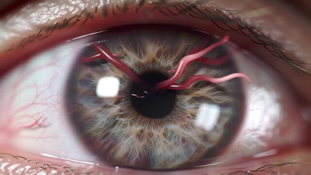 Macro shot of pink parasitic worms emerging from a human eye pupil