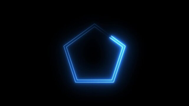 Blue neon pentagon frame animation glowing against dark background motion footage.