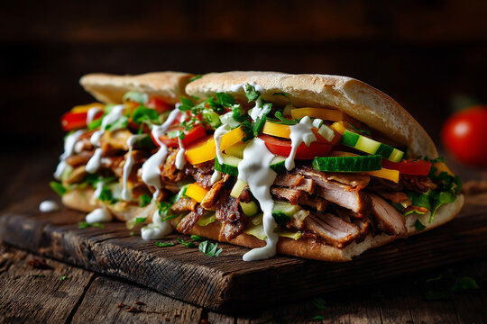 Overhead flat lay shot of a shawarma sandwich cut in half with grilled meat, fresh salad, garlic sauce, and ketchup 