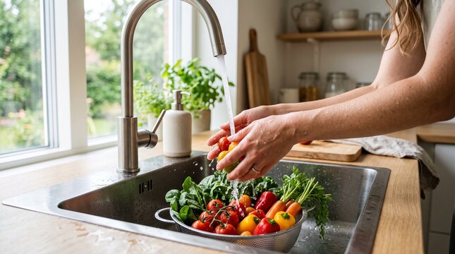 Woman washing fresh colorful vegetables in a kitchen sink colander
