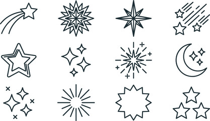 Sparkling night star and crescent moon line icon set with shooting celestial comet element vectors © Munnat