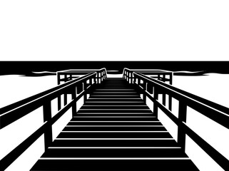 Obraz premium Black and White Minimalist Vector Illustration of a Wooden Boardwalk Pier Leading to the Sea