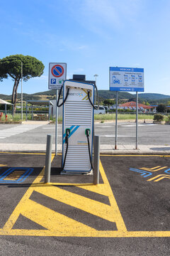 Livorno, Italy on May 24, 2024. Electric Vehicle Charging Station at Highway Service Area in Italy. A modern high-power Free To X electric vehicle.