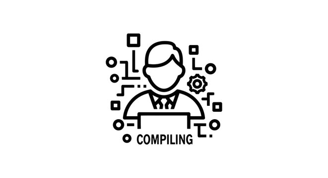 Programmer compiling code with technology icons around.